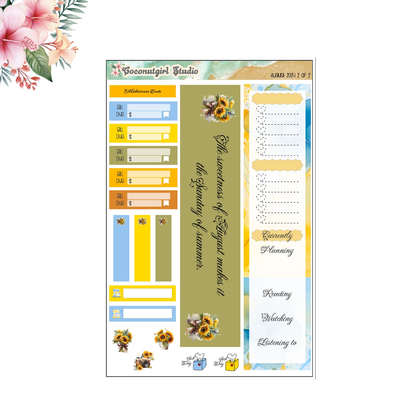 August Monthly Overview Kit sunflowers