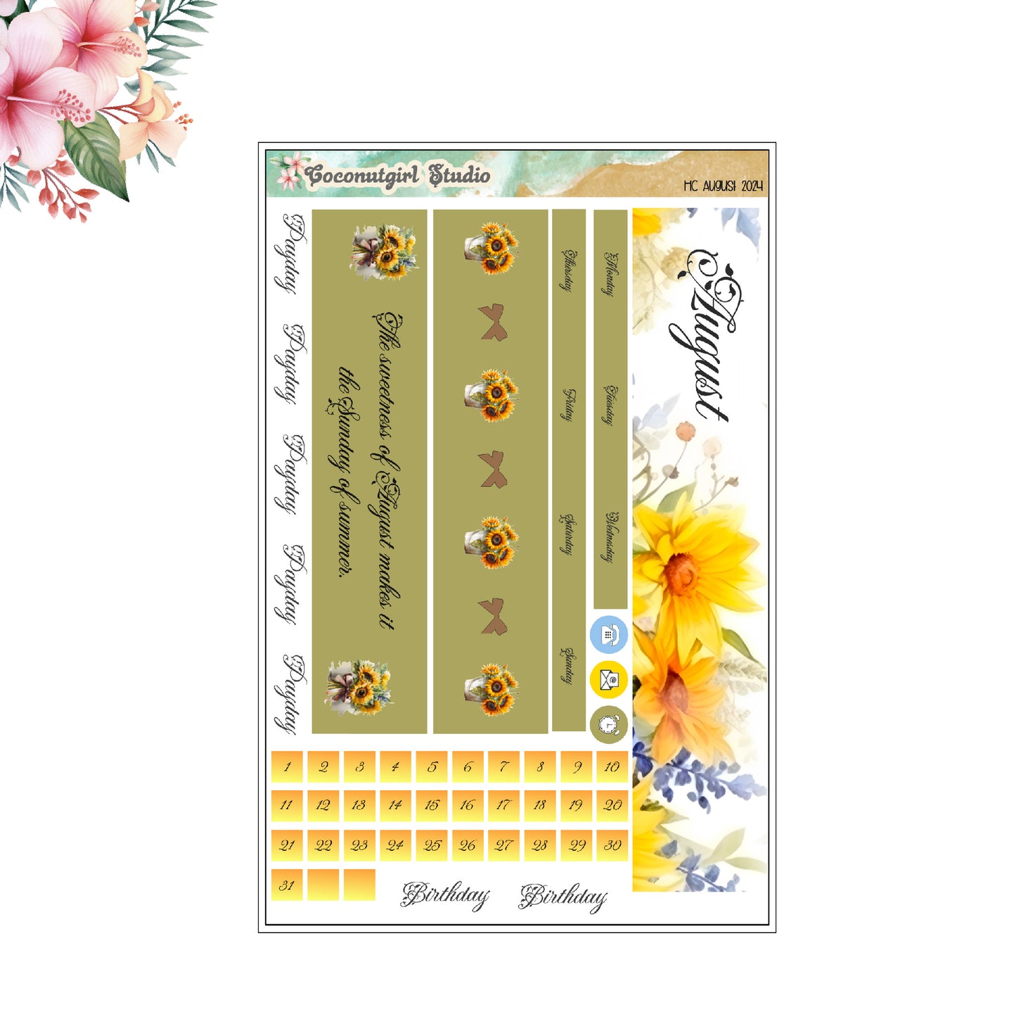 August Monthly Overview Kit sunflowers