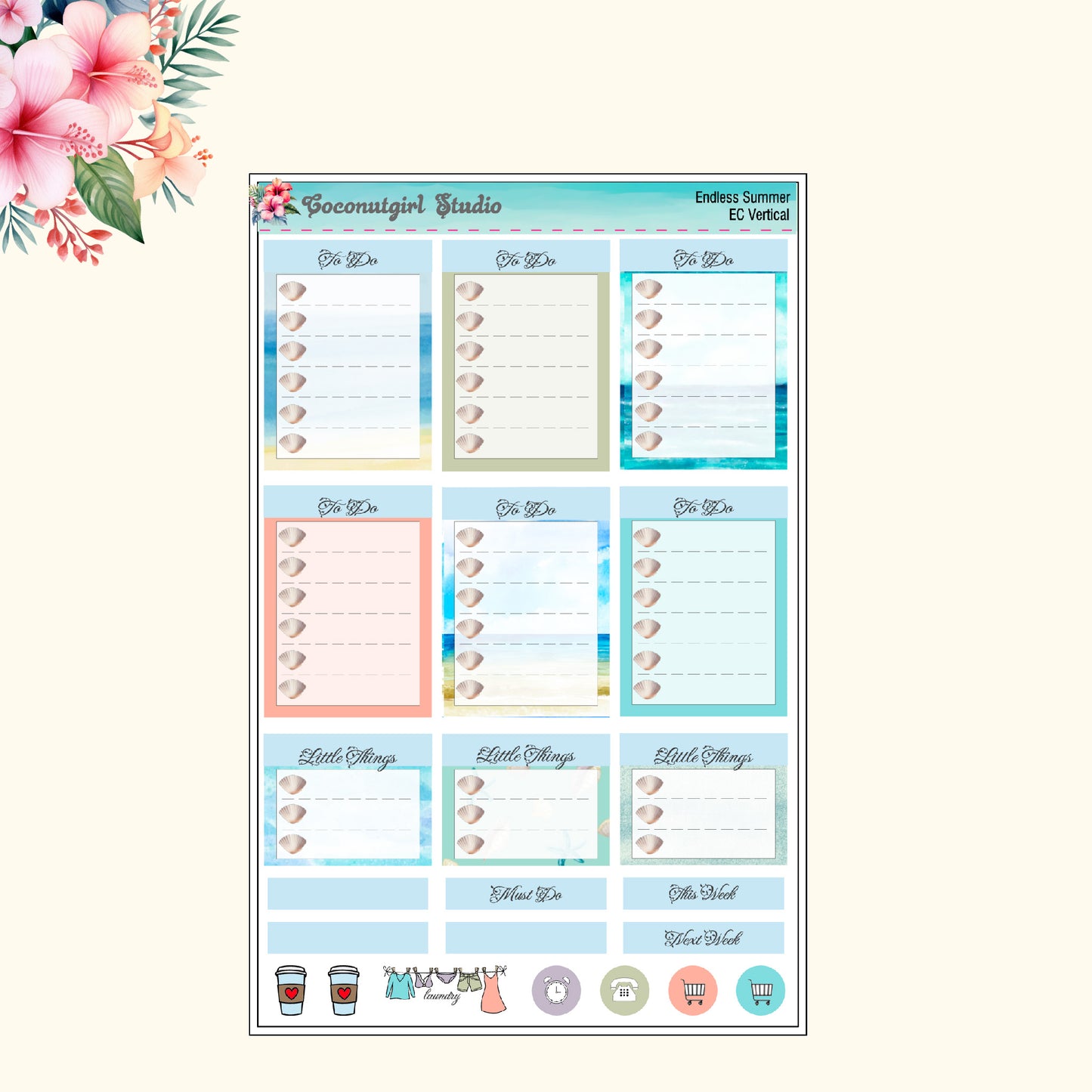 Endless Summer Weekly Kit EC Vertical Happy Planner Hobonichi Cousin Hobonichi Weeks beach shells watercolor pastel summertime