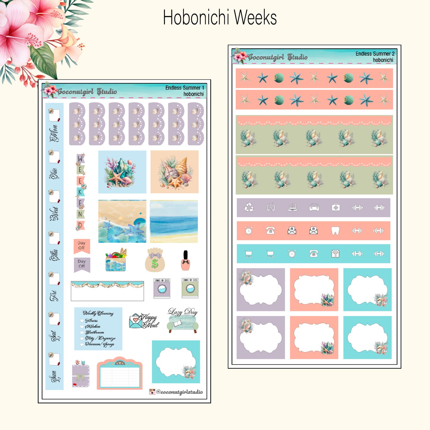 Endless Summer Weekly Kit EC Vertical Happy Planner Hobonichi Cousin Hobonichi Weeks beach shells watercolor pastel summertime