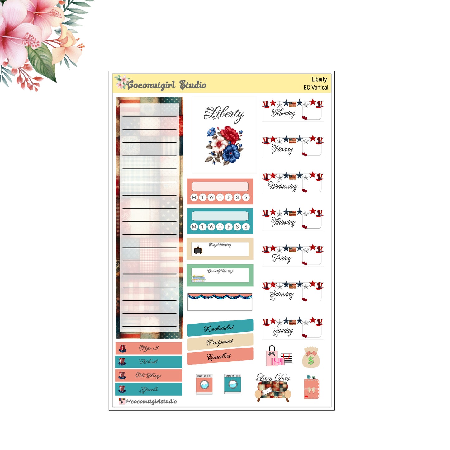 Liberty Weekly Kit July 4th planner stickers