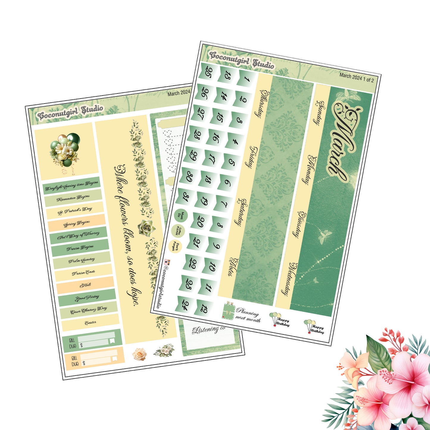 March 2024 Monthly Overview Kit planner stickers