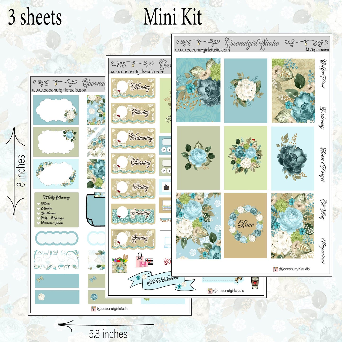 Aquamarine Weekly Kit planner stickers