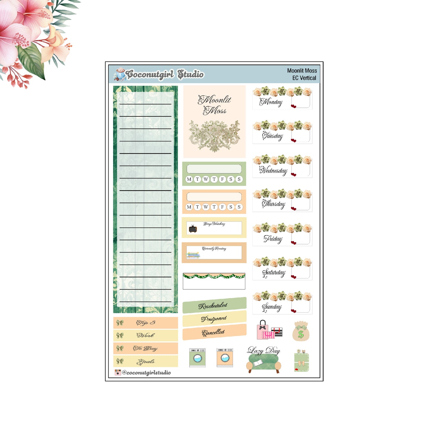 Moonlit Moss Weekly Kit planner stickers