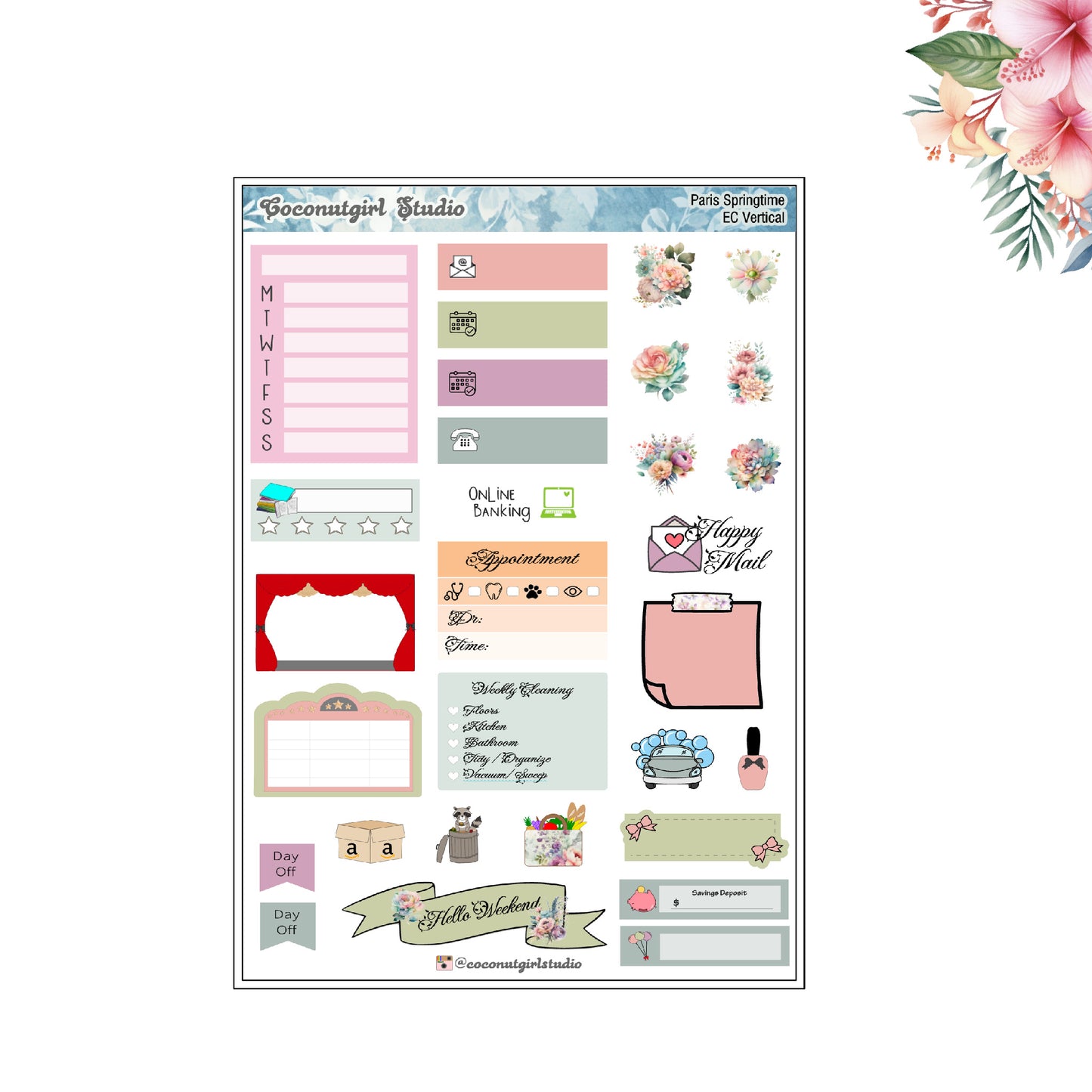 Paris Springtime Weekly Kit pastel floral planner stickers