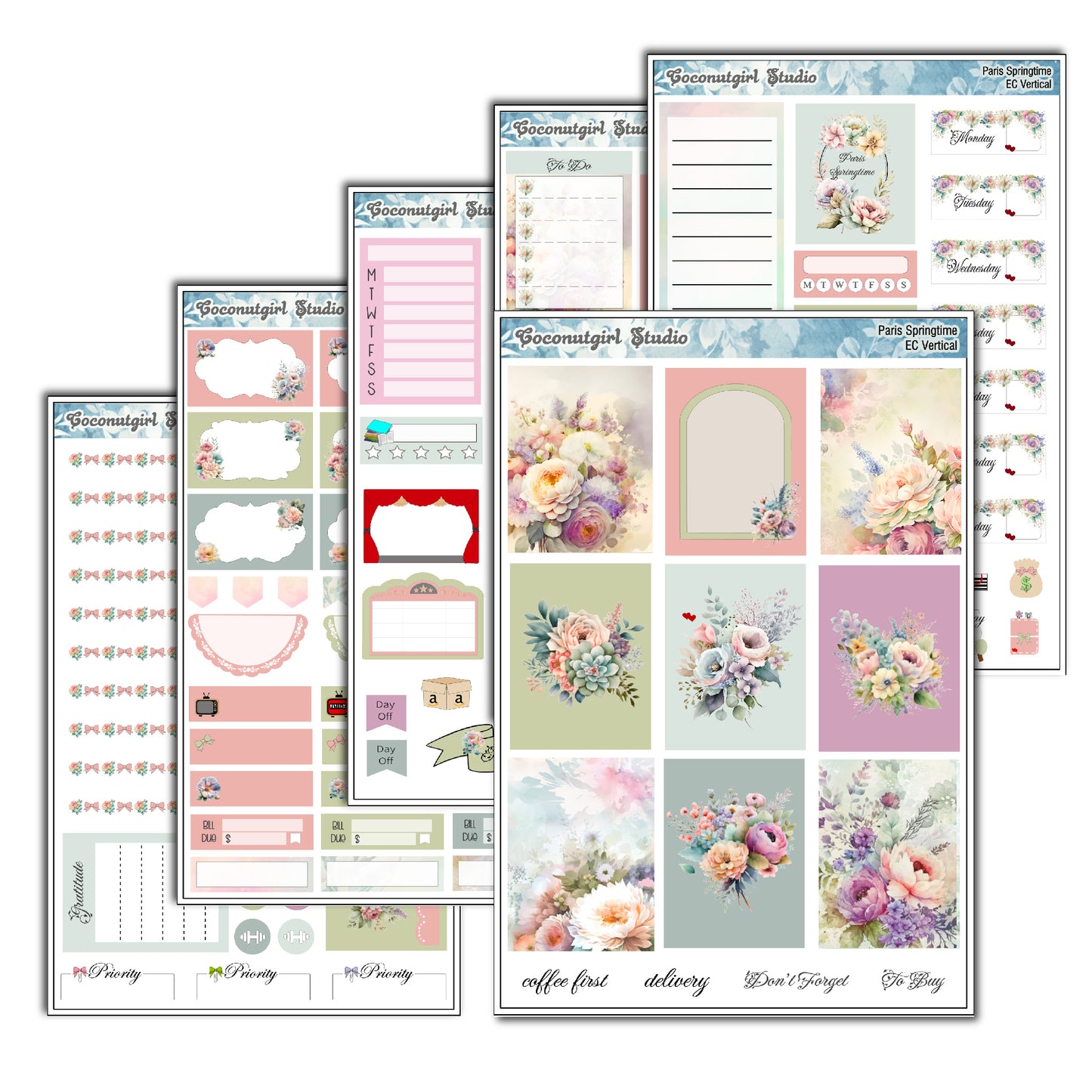 Paris Springtime Weekly Kit pastel floral planner stickers