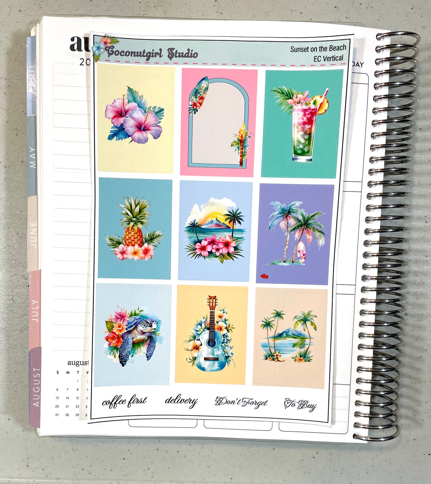 Sunset on the Beach Weekly Kit Tropical Palm Trees Hibiscus Summer planner stickers