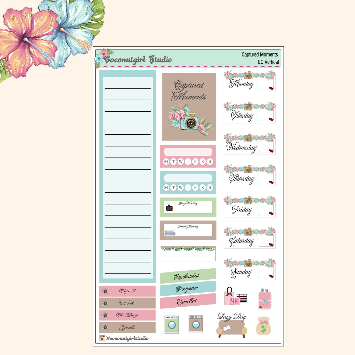 Camera Floral planner stickers Captured Moments Weekly Kit