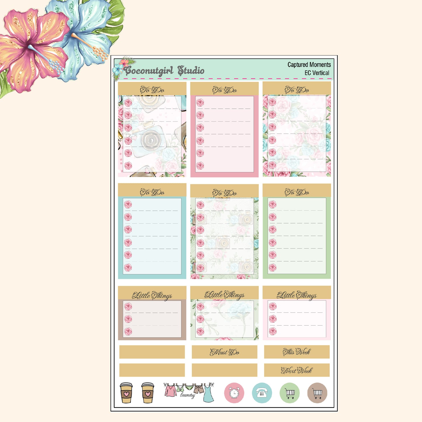 Camera Floral planner stickers Captured Moments Weekly Kit