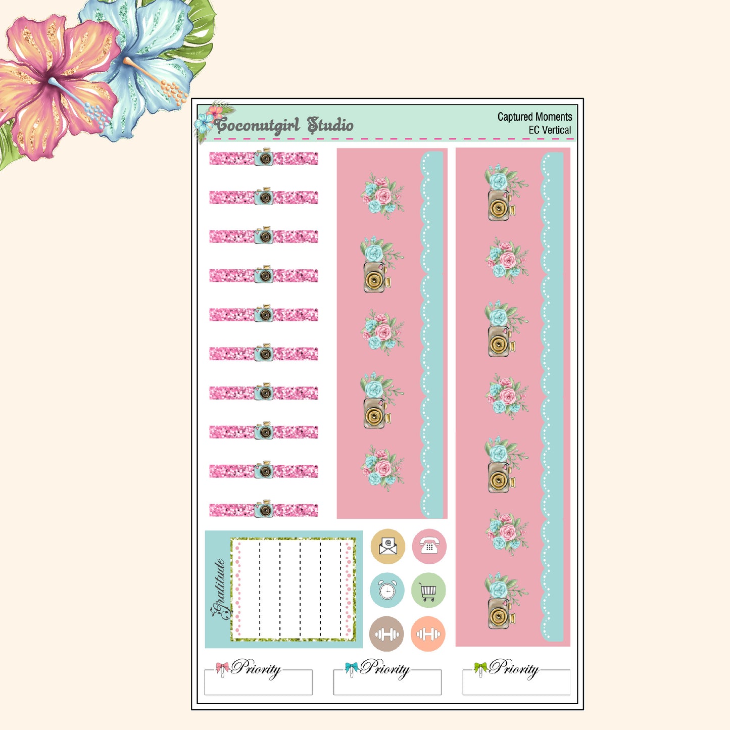 Camera Floral planner stickers Captured Moments Weekly Kit