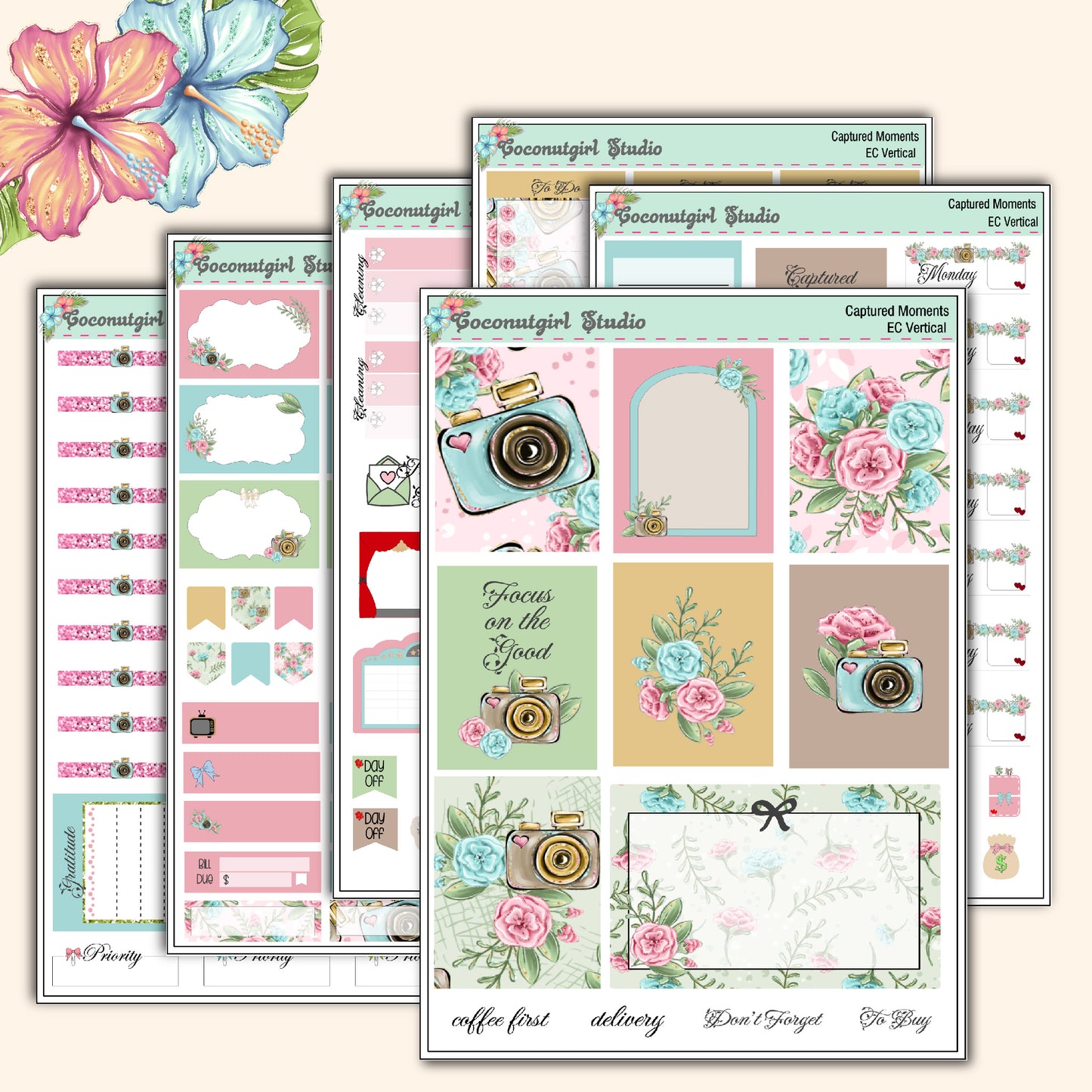 Camera Floral planner stickers Captured Moments Weekly Kit