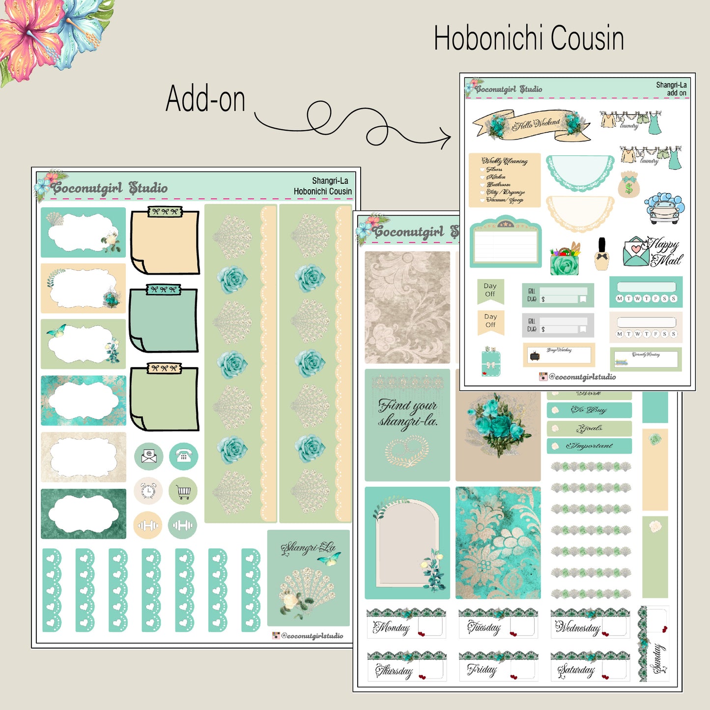 Shangri-La Teal Weekly Kit lace pearls shells gems hobonichi weeks hobonichi cousin