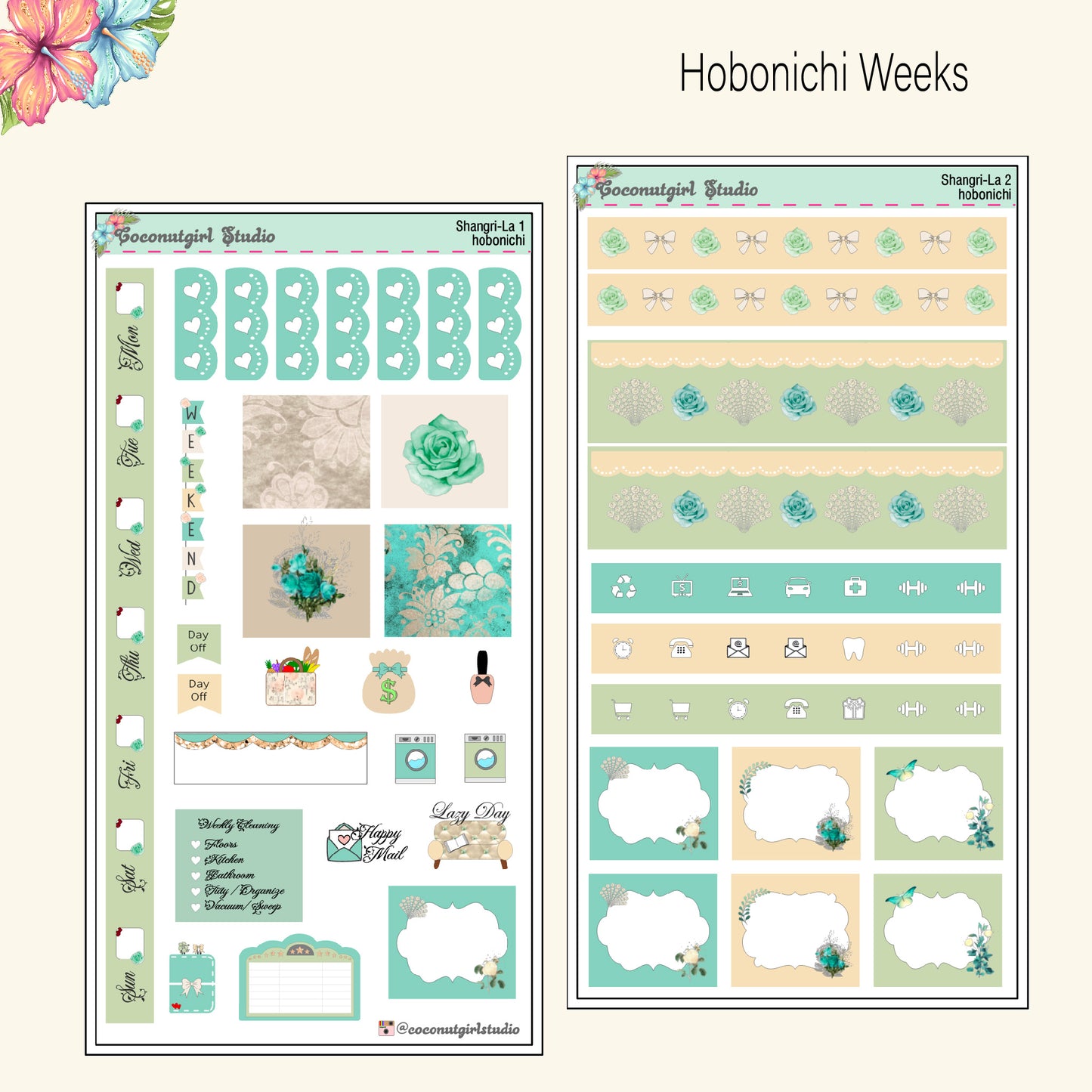 Shangri-La Teal Weekly Kit lace pearls shells gems hobonichi weeks hobonichi cousin