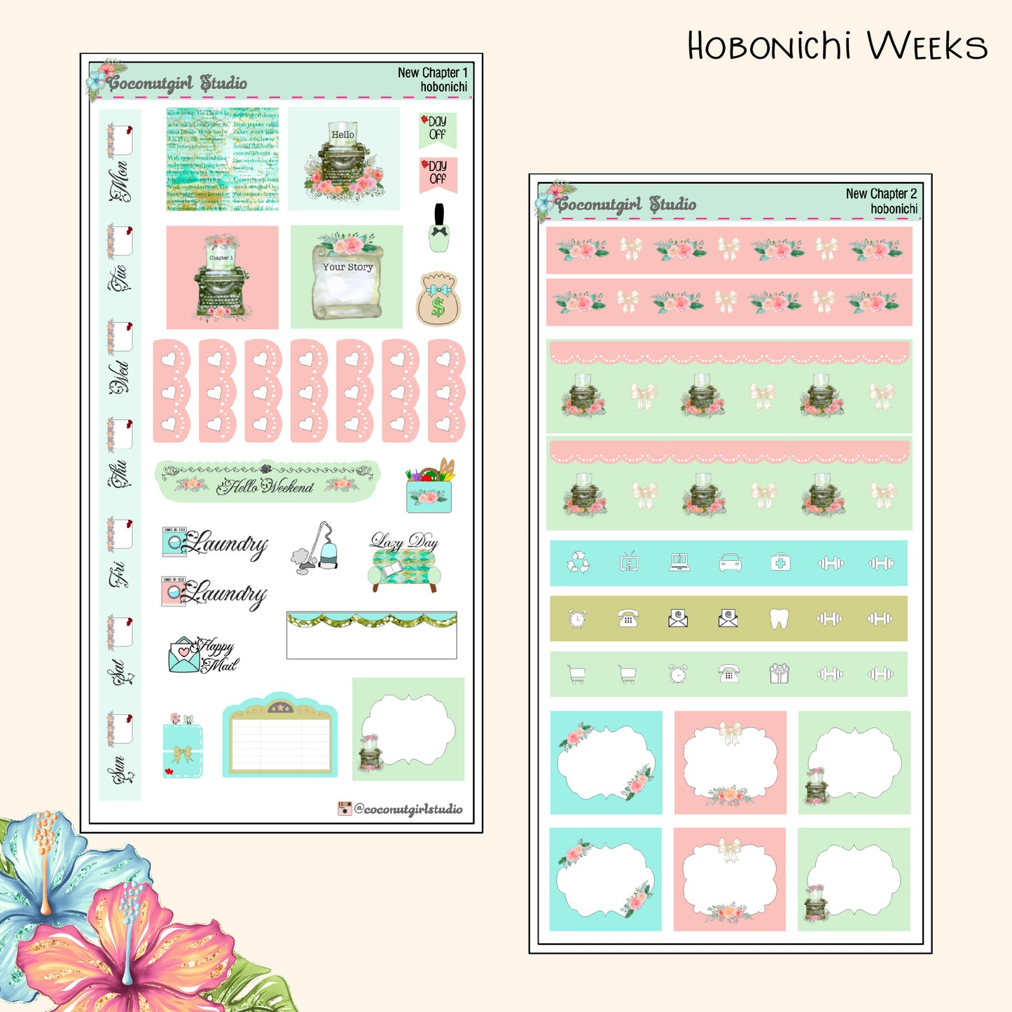 Mint Green Pink Floral Typewriter Roses planner stickers New Chapter Weekly Kit