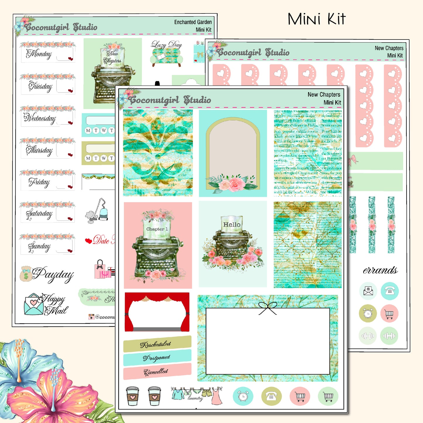 Mint Green Pink Floral Typewriter Roses planner stickers New Chapter Weekly Kit