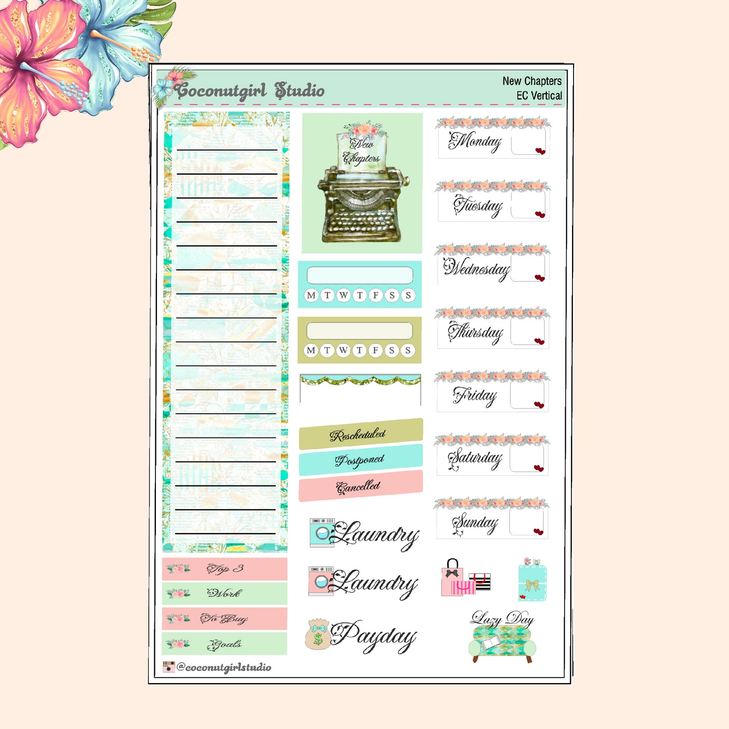 Mint Green Pink Floral Typewriter Roses planner stickers New Chapter Weekly Kit