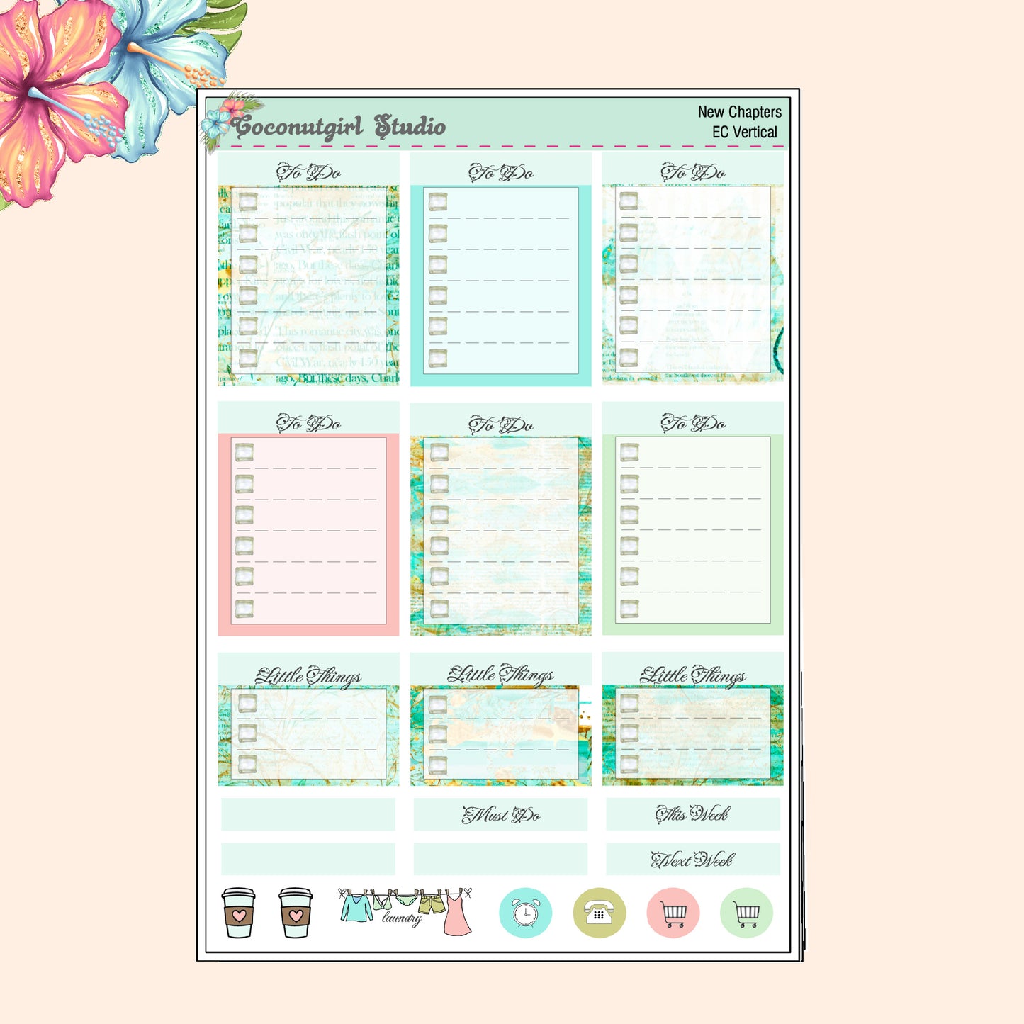 Mint Green Pink Floral Typewriter Roses planner stickers New Chapter Weekly Kit