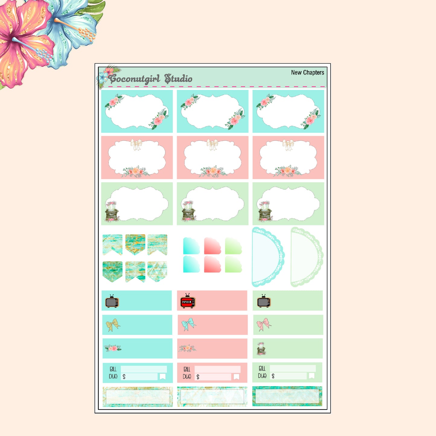 Mint Green Pink Floral Typewriter Roses planner stickers New Chapter Weekly Kit