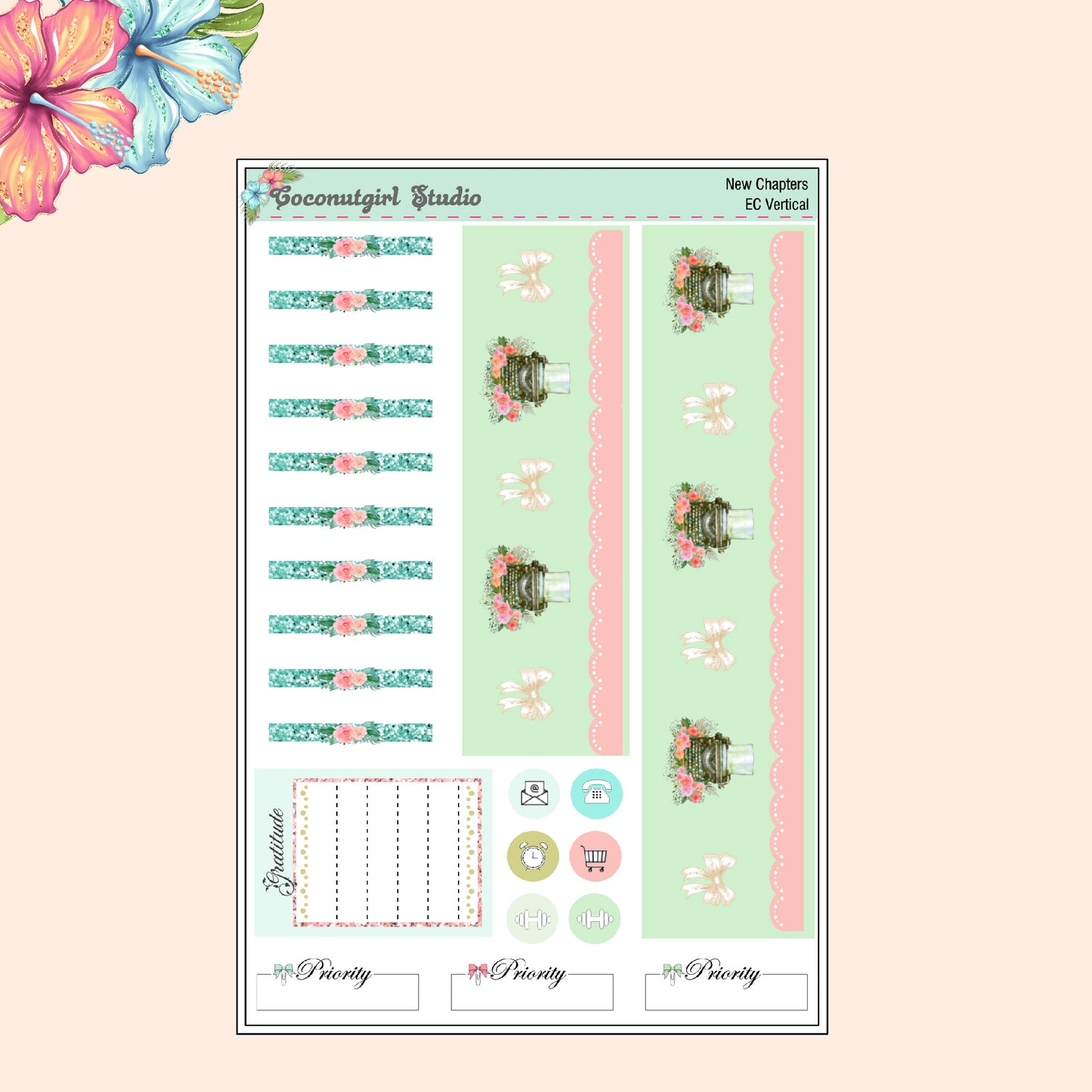 Mint Green Pink Floral Typewriter Roses planner stickers New Chapter Weekly Kit