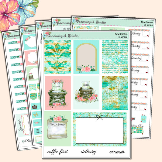 Mint Green Pink Floral Typewriter Roses planner stickers New Chapter Weekly Kit