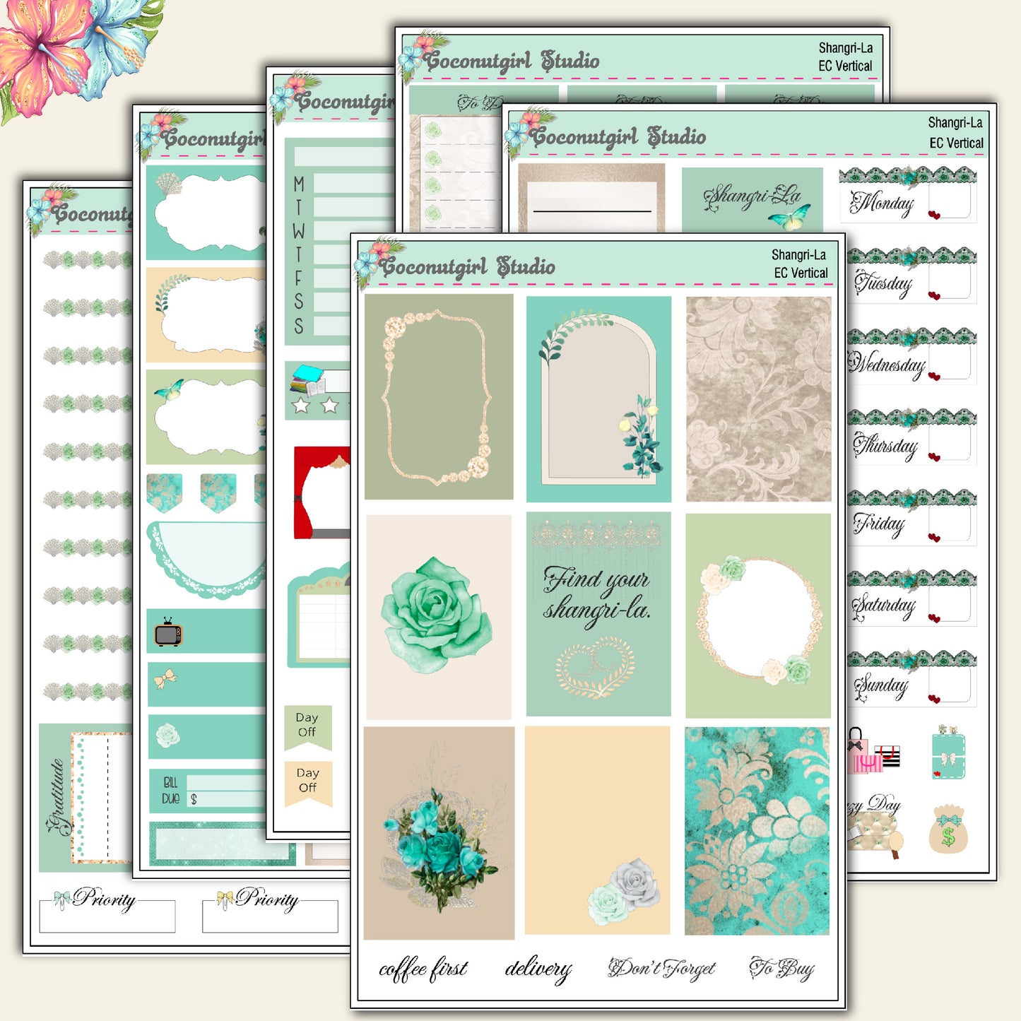 Shangri-La Teal Weekly Kit lace pearls shells gems hobonichi weeks hobonichi cousin